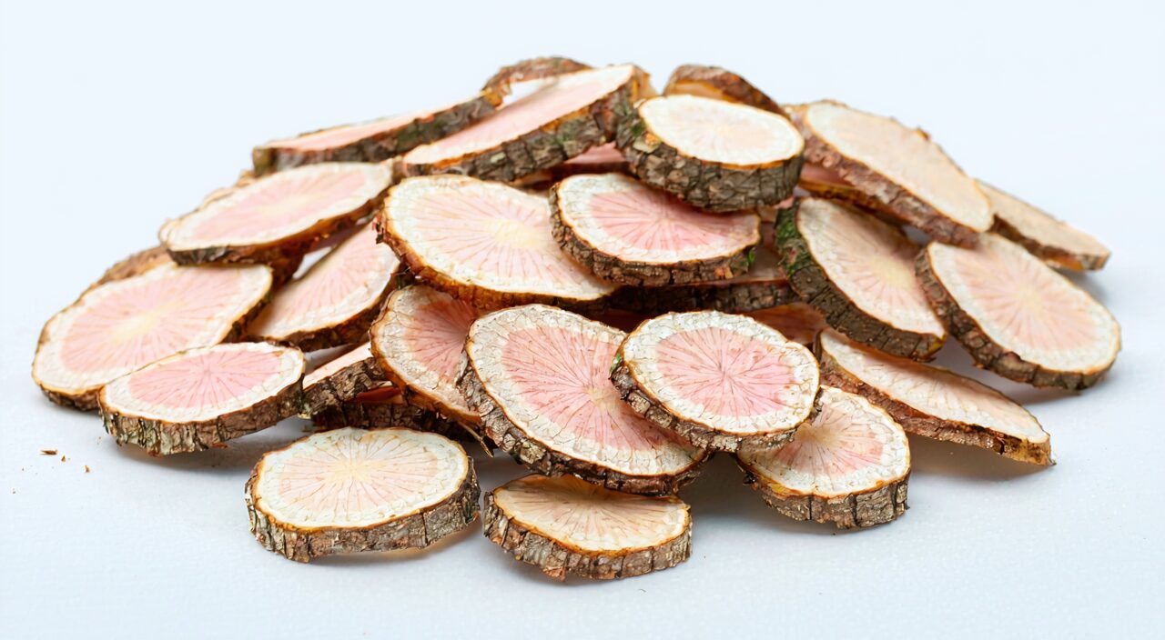 Red peony root slices scattered on a light-colored surface, showing slightly red cross-sections with radial patterns and brown outer bark at the edges