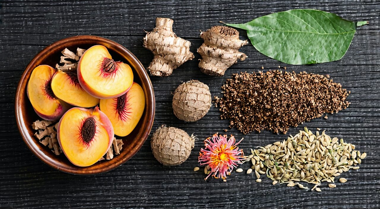 Red peony root slices displayed on a wooden table alongside accompanying herbs such as peach kernel and safflower