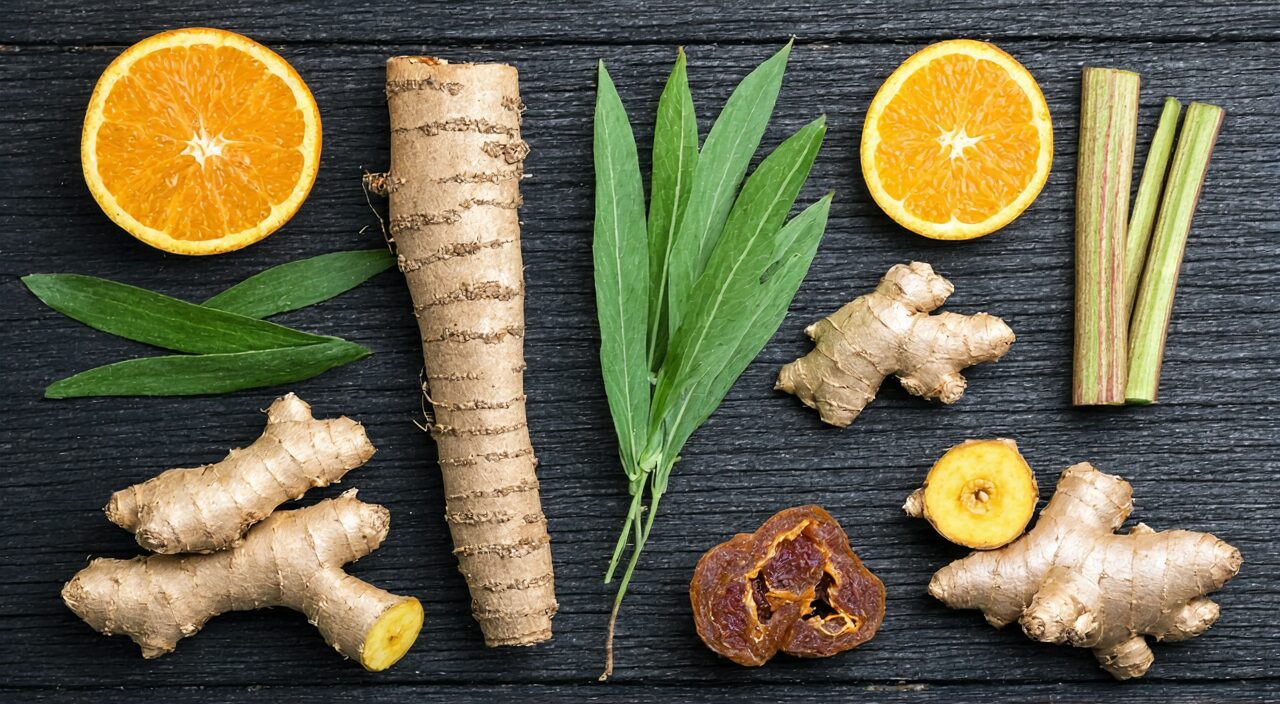 Common constituent herbs of Da Chai Hu Tang neatly arranged on a wooden table