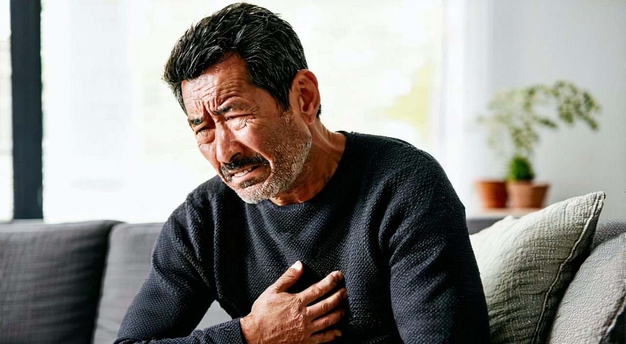 A man pressing on his chest and hypochondriac region, expressing distension and discomfort