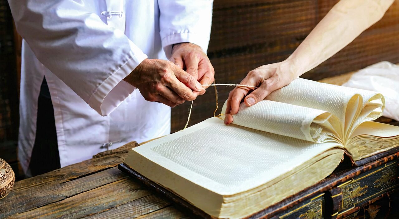 Chinese medicine pulse diagnosis scene, illustrating the need for strict pattern differentiation