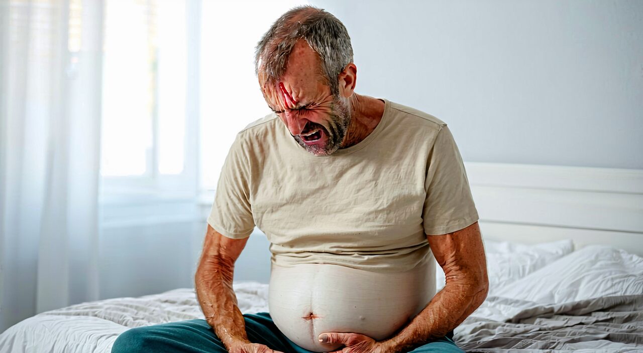 Patient holding abdomen in discomfort, reflecting abdominal fullness, hardness, and pain
