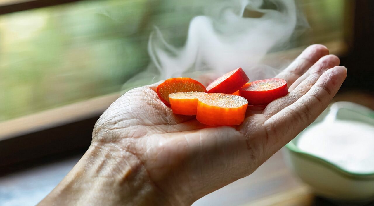 A hand holding both Huangqi and Danggui in soft light, symbolizing the principle of tonifying qi to generate blood