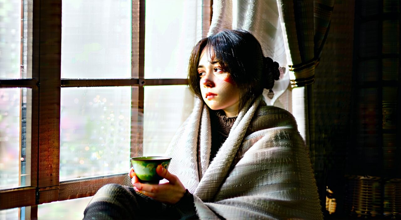 A weary yet serene figure sitting by a window, evoking a recovery setting for qi and blood deficiency