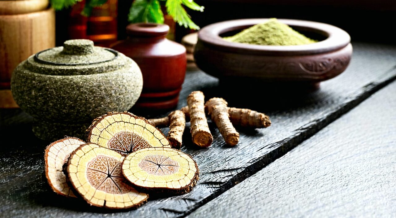 Close-up of various dried Chinese herbs, including Dang Gui and Huang Qin