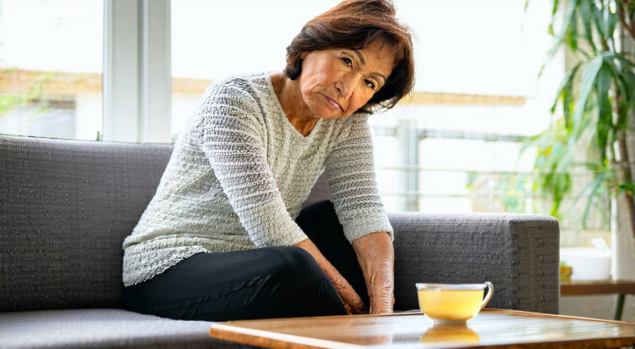 A woman gently touching her knee while sitting on a sofa, with herbal tea nearby