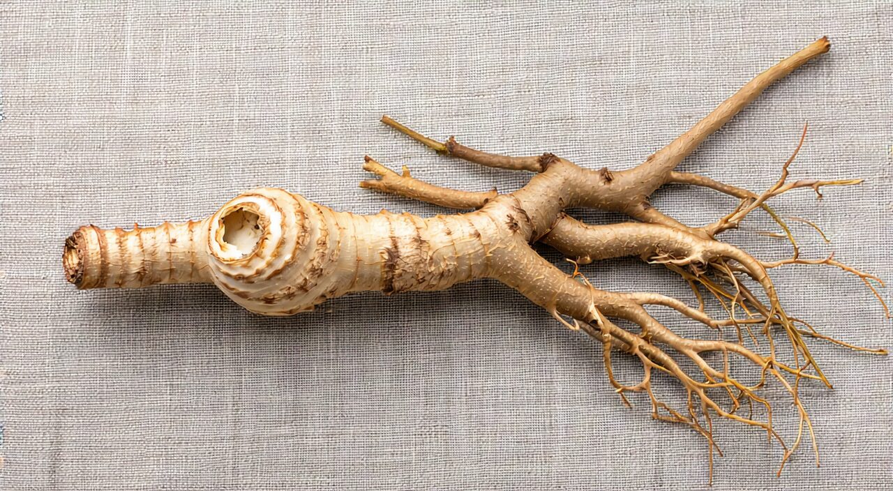 A whole Dang Gui root, showing the circular rings on the root head, the main root, and twisted branch roots