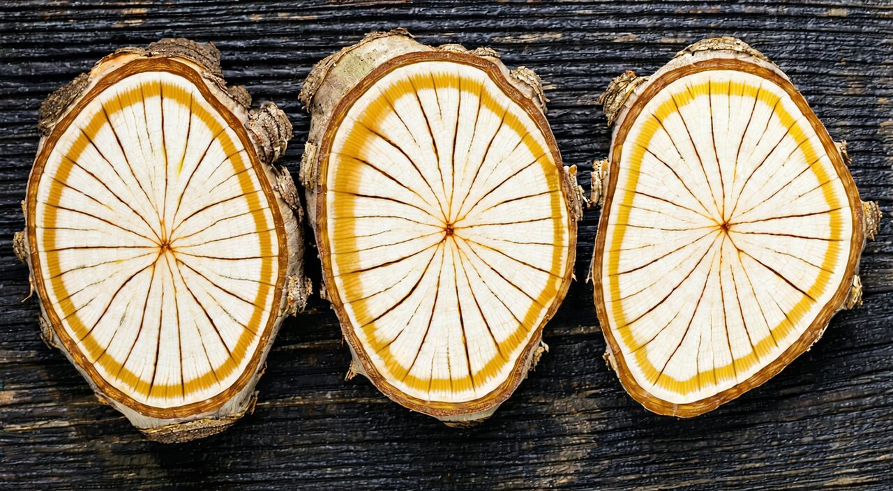 Cross-section of Dang Gui prepared slices, showing the yellowish-white fractured surface, brown oil spots, and cambium ring
