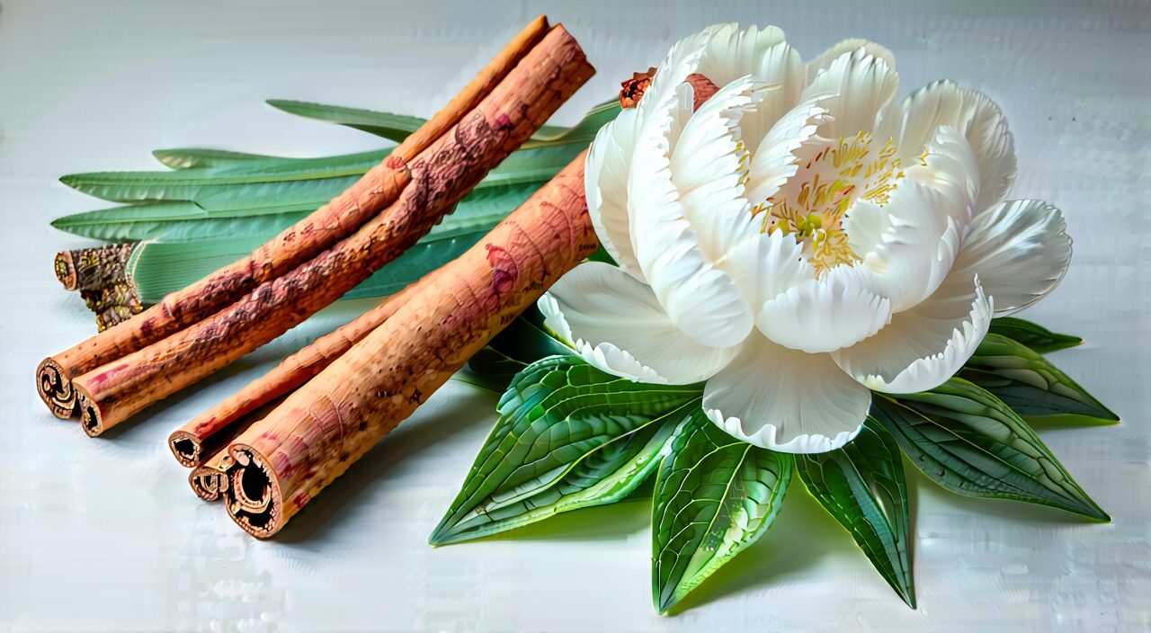 Close-up display of herbs such as Dang Gui and Gui Zhi