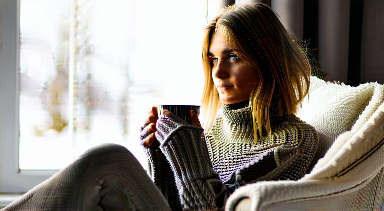 A woman indoors holding a warm drink, depicting a daily scenario where hands and feet need warmth and nourishment