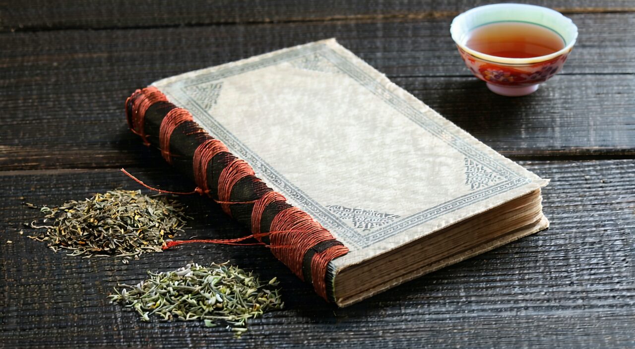 A traditional thread-bound book and medicinal herbs, hinting at the origin of Di Huang Yin Zi