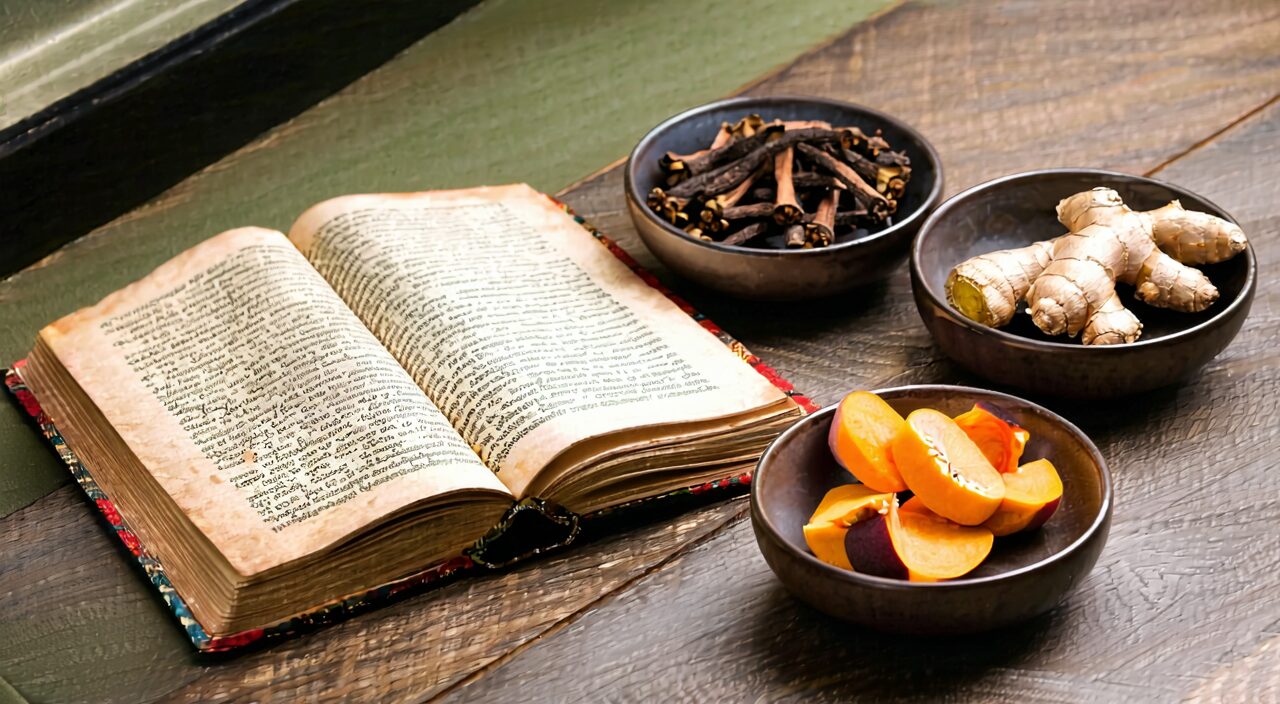 Editorial style still life of the four herbs in Clove and Persimmon Calyx Decoction with an ancient Chinese medicine book