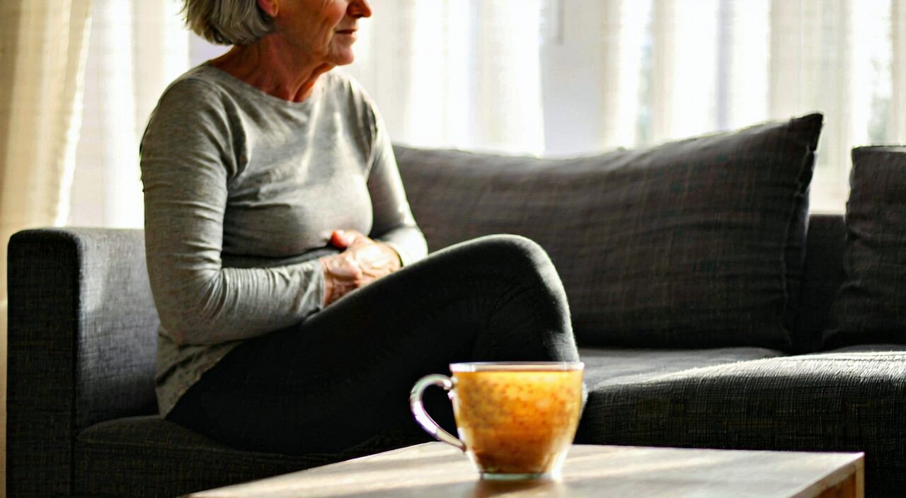 Lifestyle editorial scene of a person with a pale complexion holding their stomach, with ginger tea beside them, indicating stomach cold discomfort