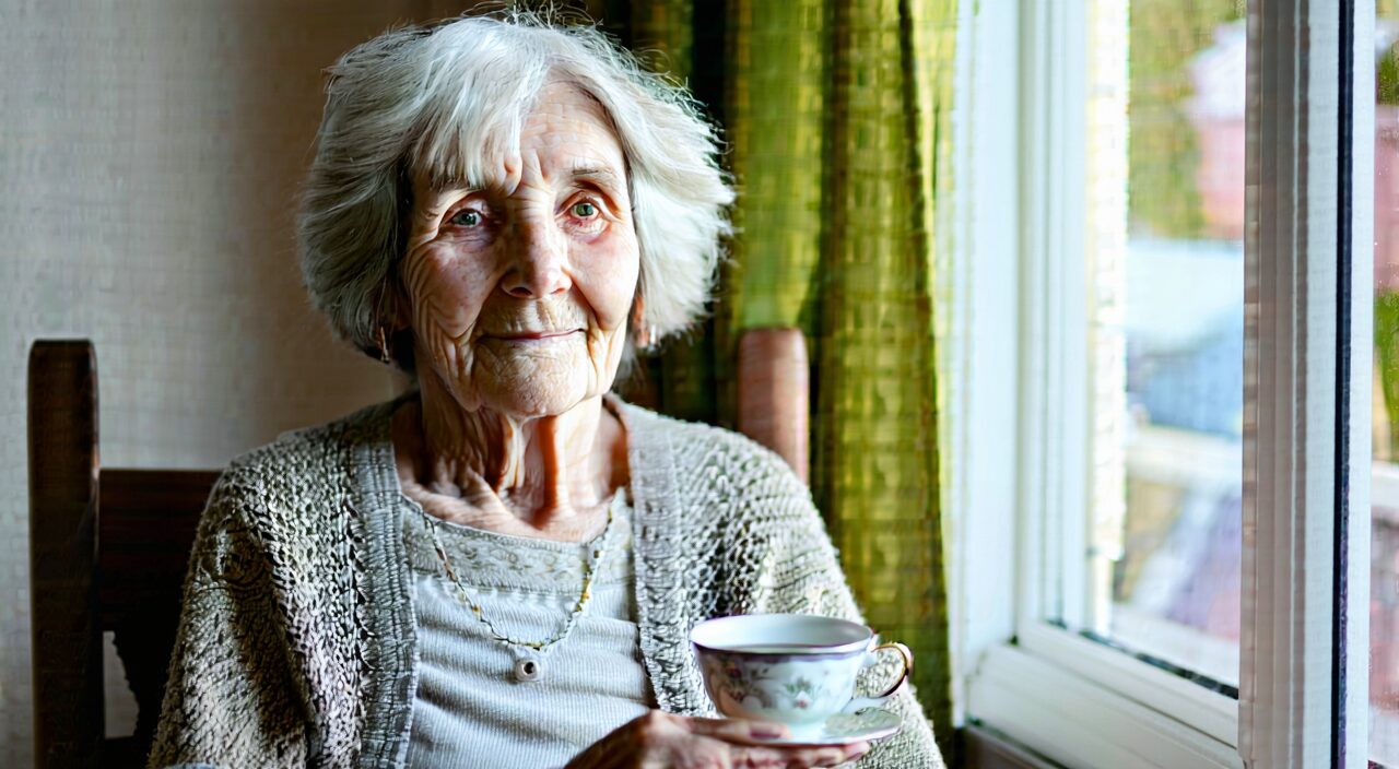 An older woman with a pale complexion who prefers warm drinks, quietly drinking tea by the window, reflecting stomach cold constitution characteristics