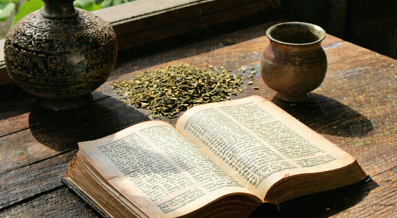 Ancient medical books and Chinese herbal medicine, reflecting traditional Chinese medicine theory