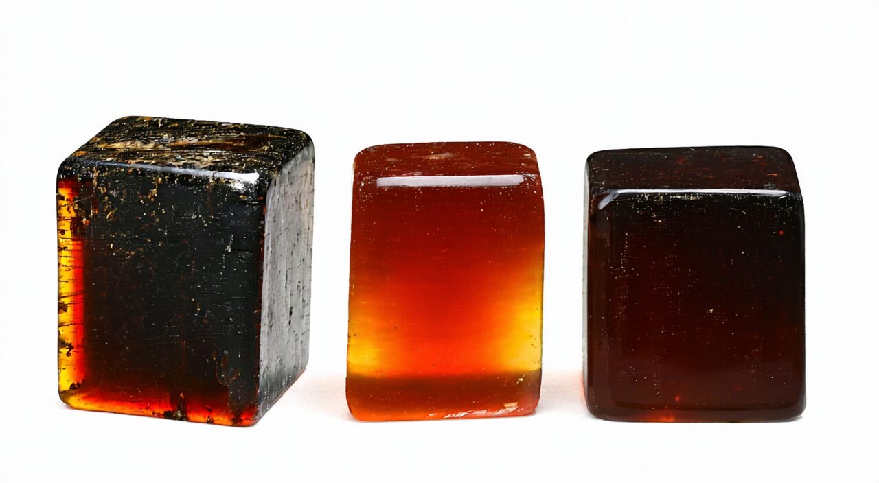 Comparison of Ejiao, Deer Horn Glue, and Tortoise Shell Glue, showing differences in color and luster