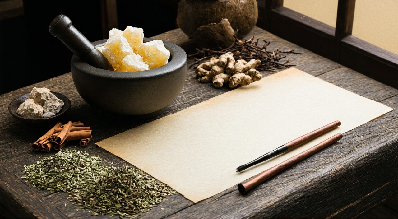 传统方剂配制场景,研钵中放有茯苓块,旁边有其他草药和毛笔