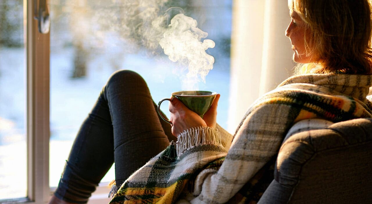 A person holding a hot cup of tea, a blanket over their lap, looking comfortable