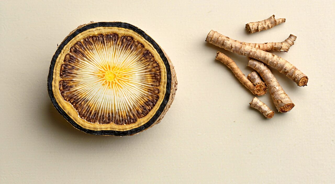 Close-up of a cross-section of licorice root and rhizome showing distinct radial striations and yellowish-white cut surface.
