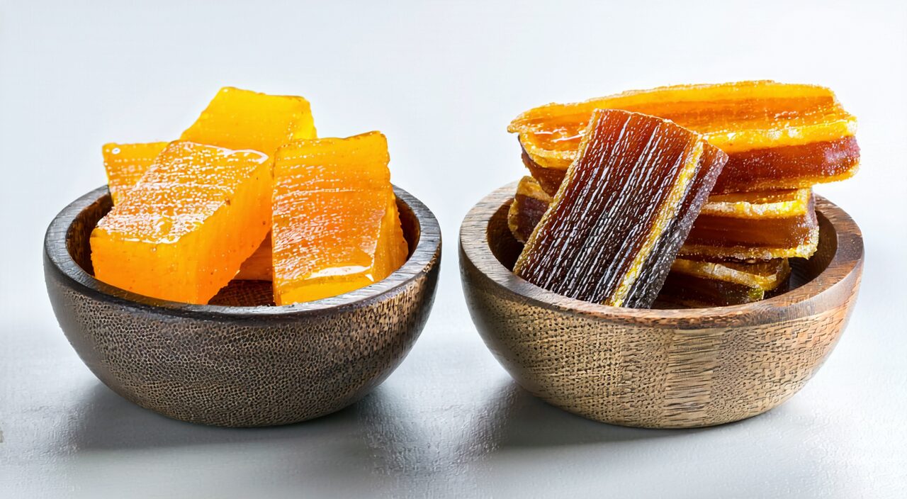 Wooden bowls containing slices of raw licorice and honey-fried licorice respectively, comparing the difference in color depth and texture.