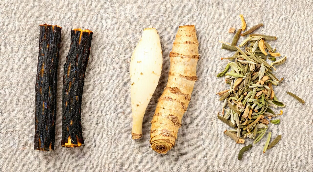 Typical ingredients of Si Jun Zi Tang laid out, including licorice, ginseng, white atractylodes, and poria.