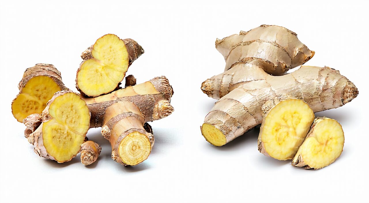 Comparison of dried ginger and fresh ginger appearance