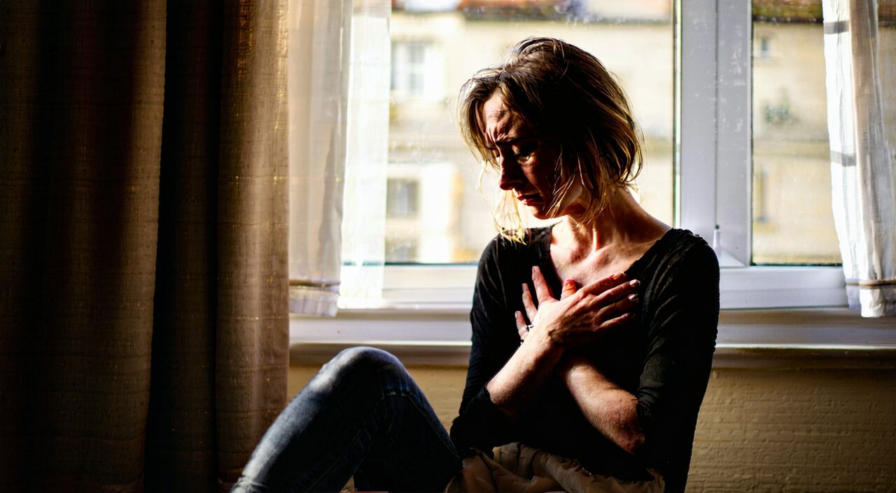 A woman quietly resting in a peaceful indoor setting, reflecting low mood and fatigue