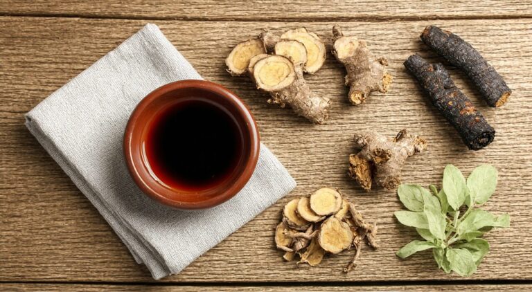 Herbs and a decoction related to Gegen Qinlian Tang on a traditional Chinese medicine consultation table