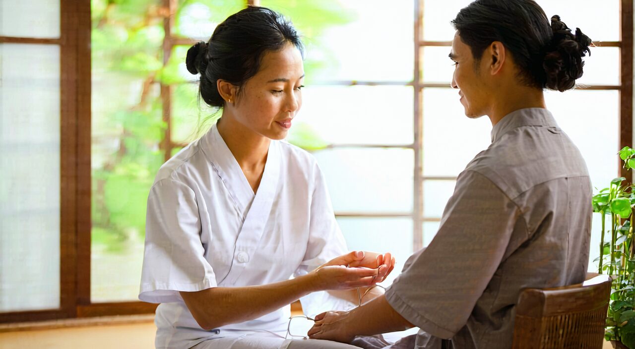 A TCM practitioner taking the pulse of a patient under natural light, creating a traditional diagnostic atmosphere