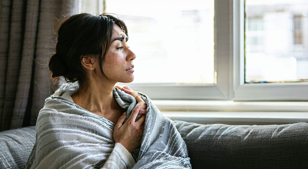 A woman with a stiff neck after catching cold