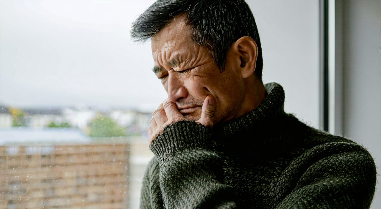 A man with shoulder and neck stiffness after catching cold
