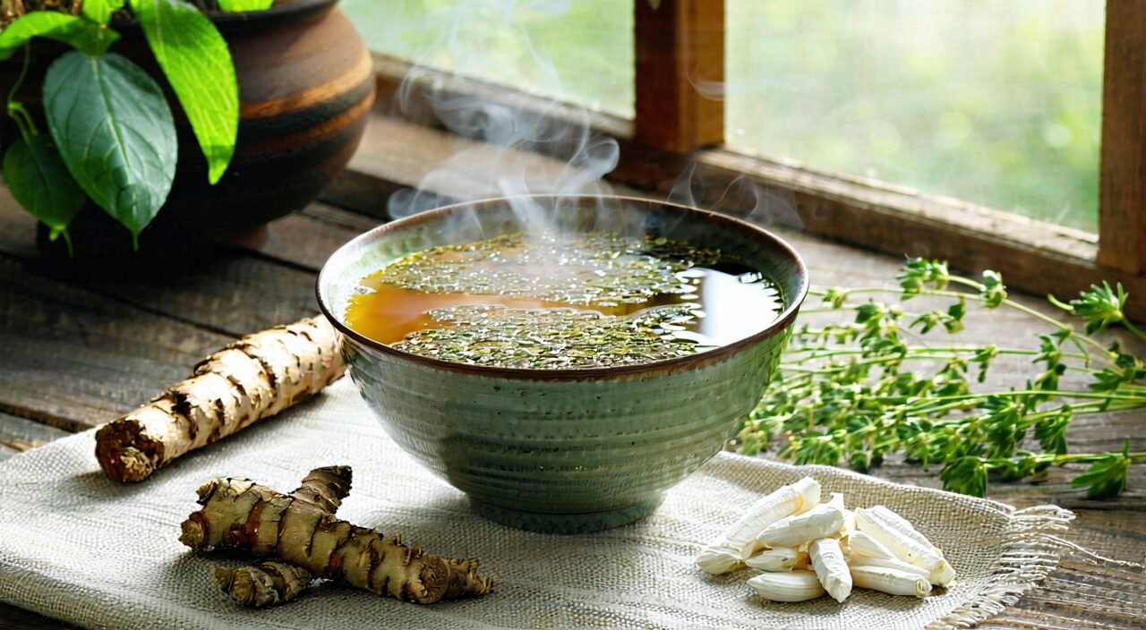 A scene of Chinese herbal decoction and herbs reflecting the qi-tonifying and astringent approach of Gu Chong Tang