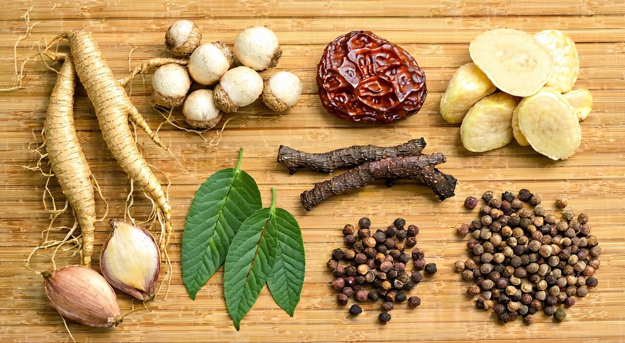 Natural arrangement of common herbs in Gui Pi Tang, showing the combination for replenishing qi, nourishing blood, and calming the mind