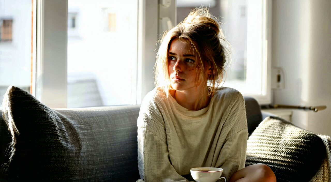 A slightly fatigued woman resting at home, reflecting the common fatigue state of heart-spleen deficiency
