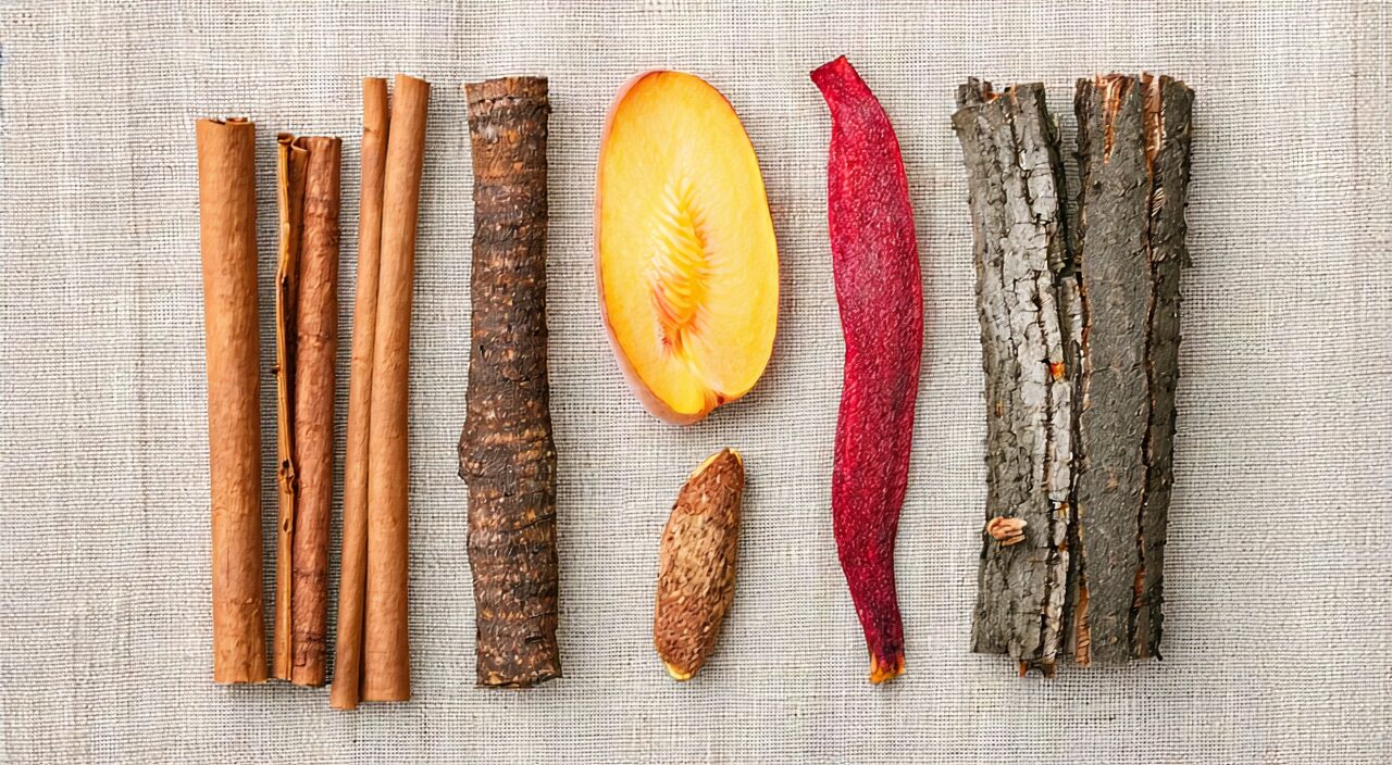 The five herbs in Guizhi Fuling Wan: Cinnamon Twig (Guizhi), Poria (Fuling), Moutan Cortex (Mudanpi), Peach Kernel (Taoren), and Peony (Shaoyao)