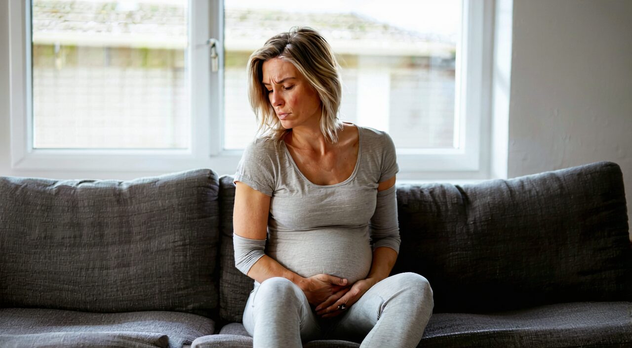 A woman gently touching her lower abdomen, suggesting fixed lower abdominal pain and other manifestations related to blood stasis