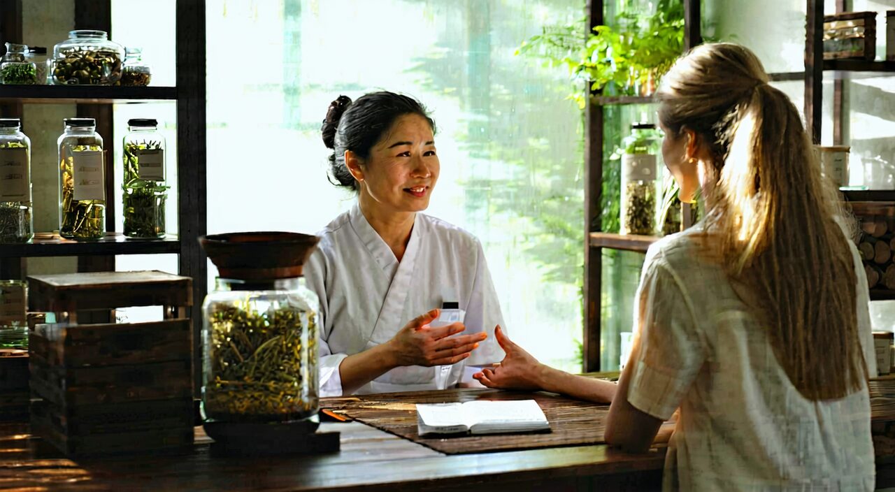 A TCM practitioner explaining the differences among various blood-activating and stasis-resolving formulas to a patient in the clinic