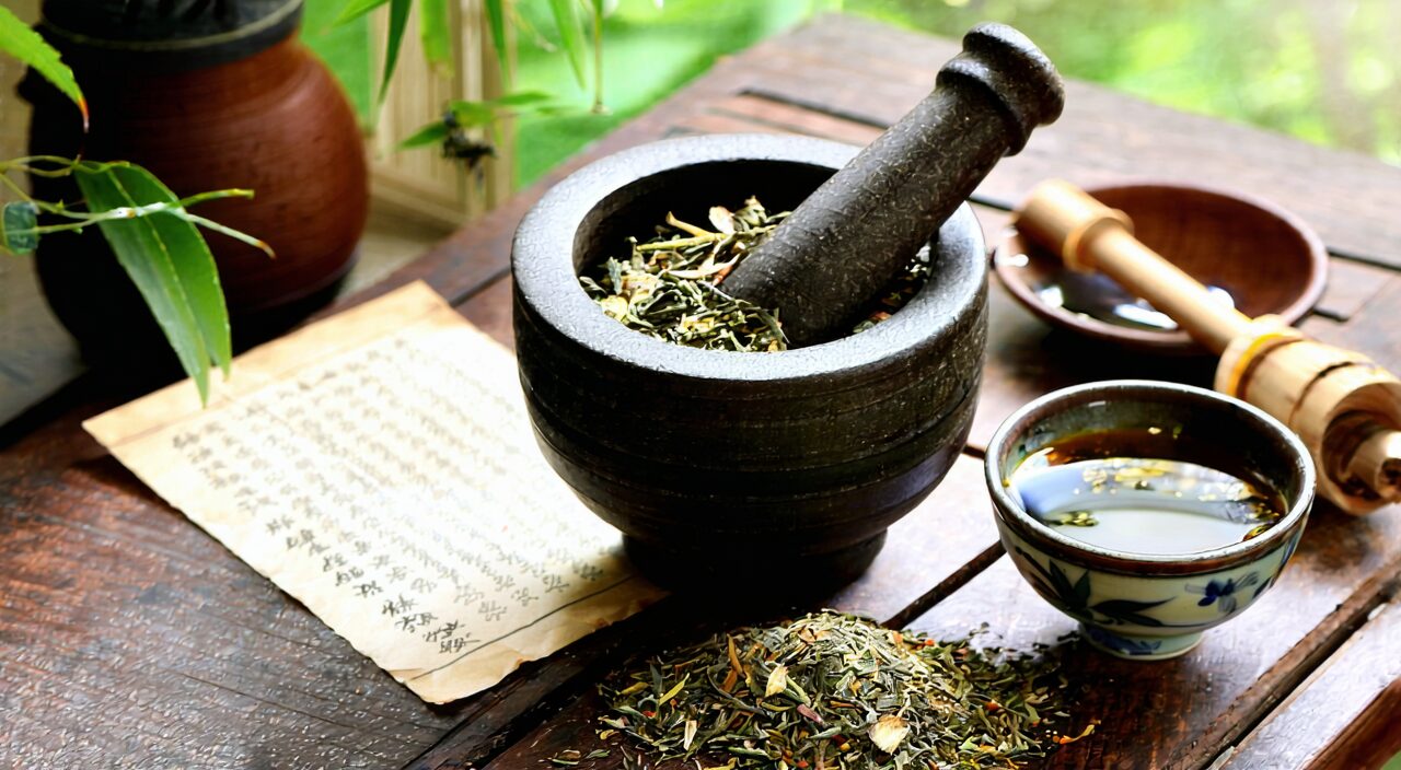 传统中药配伍场景,研钵中混合药材,旁边有汤剂杯