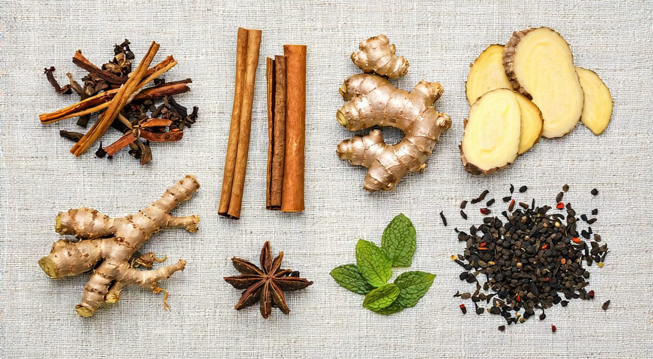 Coptis, dried ginger, cinnamon twig, pinellia, ginseng, and other ingredients of Huanglian Decoction arranged on a linen cloth
