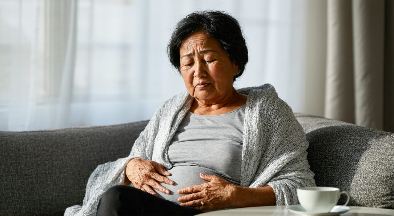 A person sitting on a sofa gently pressing the upper abdomen, with a slightly flushed face suggesting heat, wrapped in a thin blanket showing intolerance to cold, natural light from a window