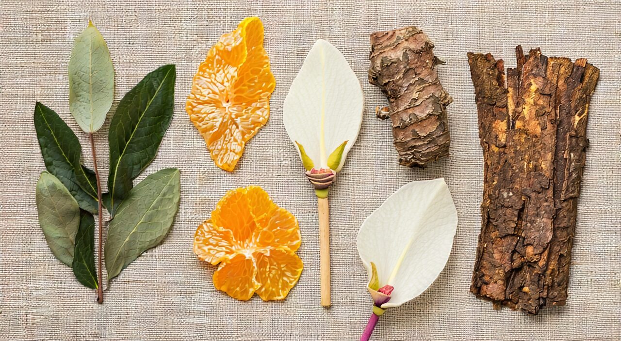 A flat lay top-down shot of core Chinese herbs in Huoxiang Zhengqi San, including Huoxiang, Zisuye, Baizhi, Chenpi, etc., natural light, no text