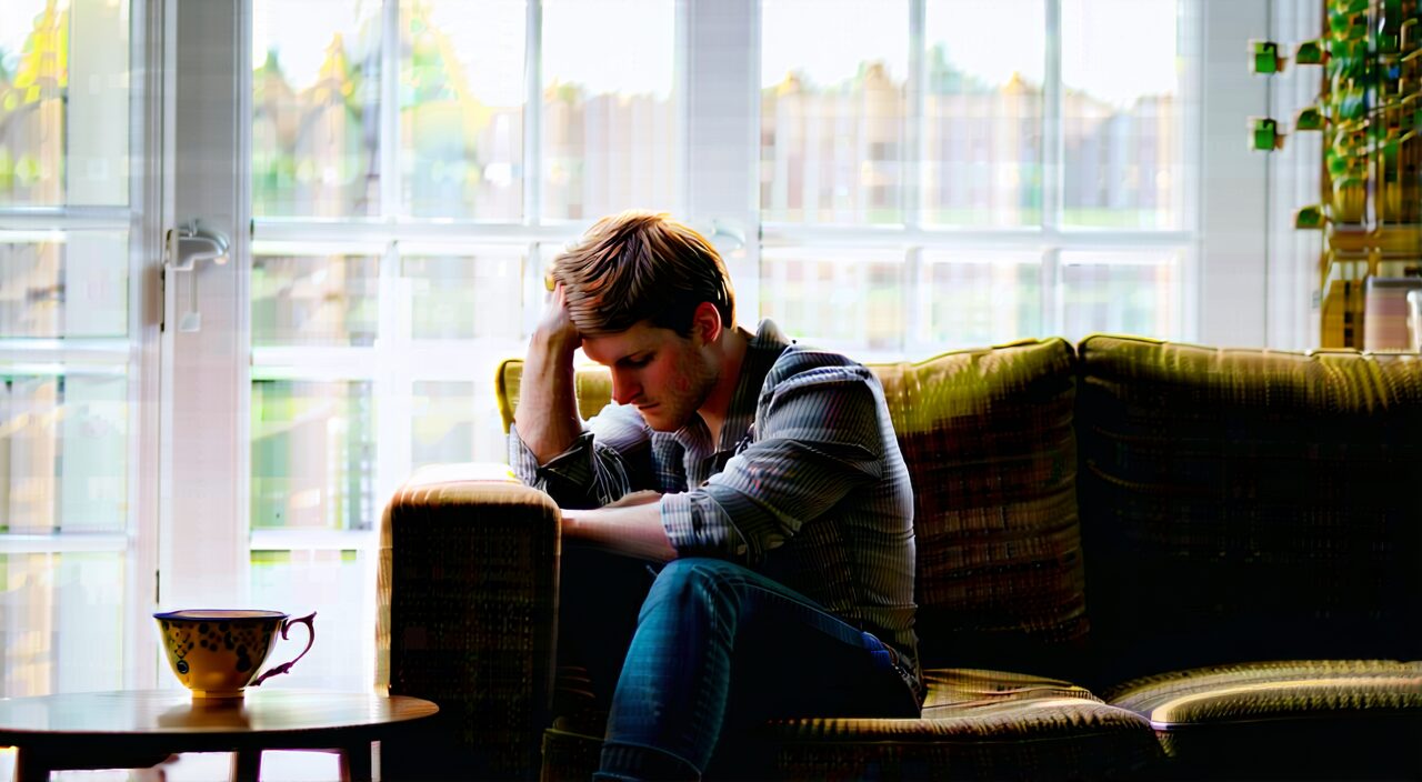 A person sitting tiredly on a sofa, hand gently pressing the forehead, a warm herbal tea on the side table, soft diffused light, conveying a quiet scene of cold-damp discomfort, no text