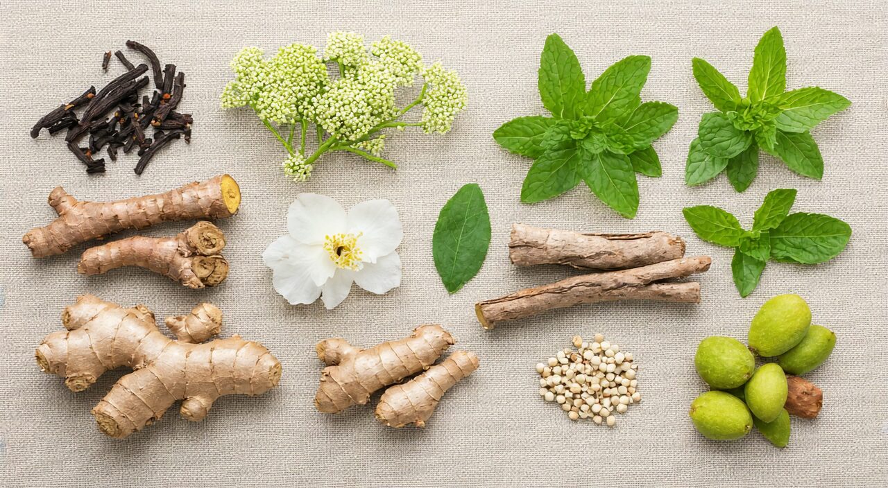 Flat lay of medicinal ingredients composing Jia Wei Xiao Yao San