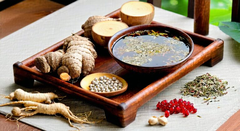 A bowl of Chinese herbal decoction alongside common ingredients of Jianpi Wan (Spleen-Strengthening Pill) arranged under soft natural light, reflecting the theme of TCM spleen-strengthening and regulation