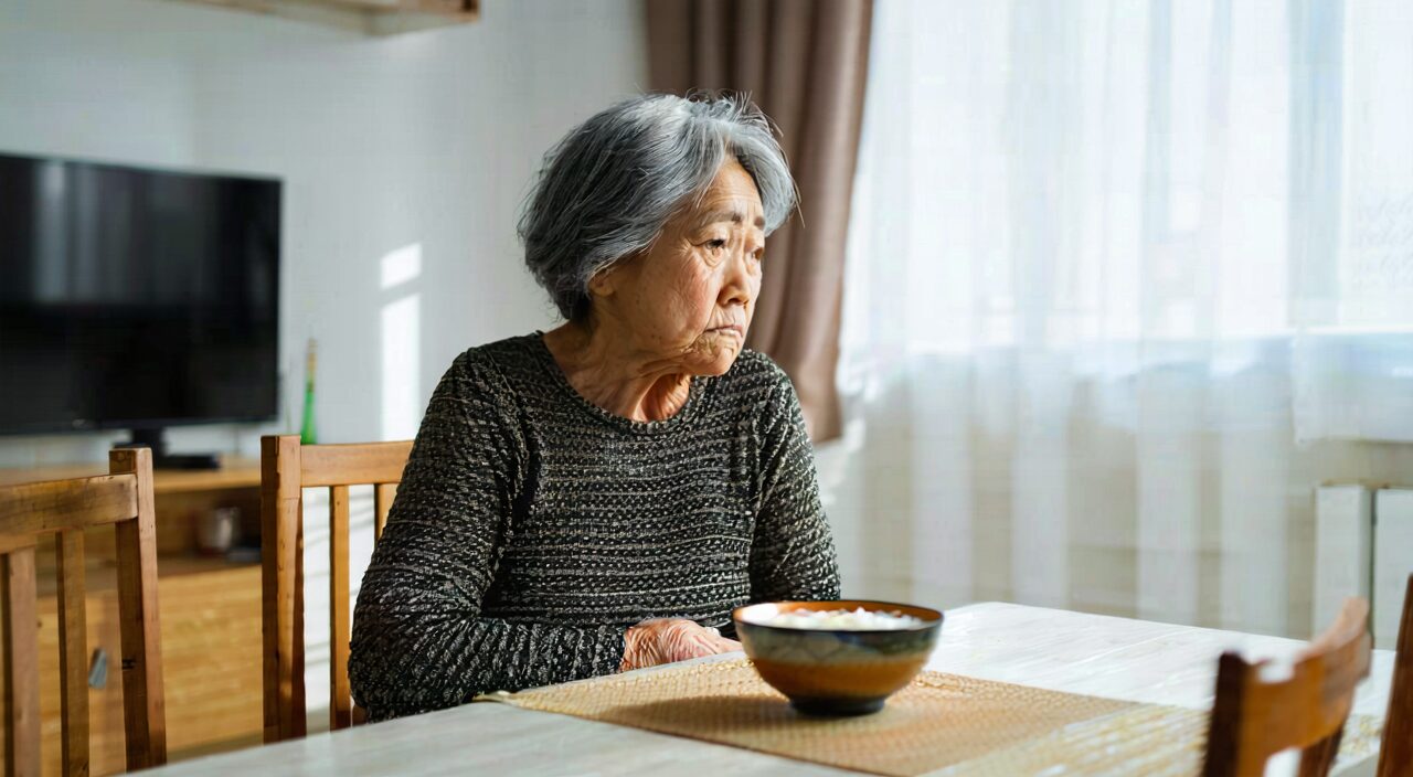 A tired-looking woman sits at a dining table with no appetite, her hand gently on her abdomen, suggesting spleen deficiency with food accumulation.