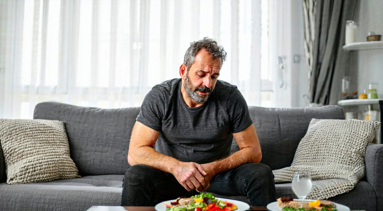 A man sitting on a sofa after a meal, holding his abdomen with a look of discomfort, illustrating digestive issues related to spleen deficiency with food accumulation.