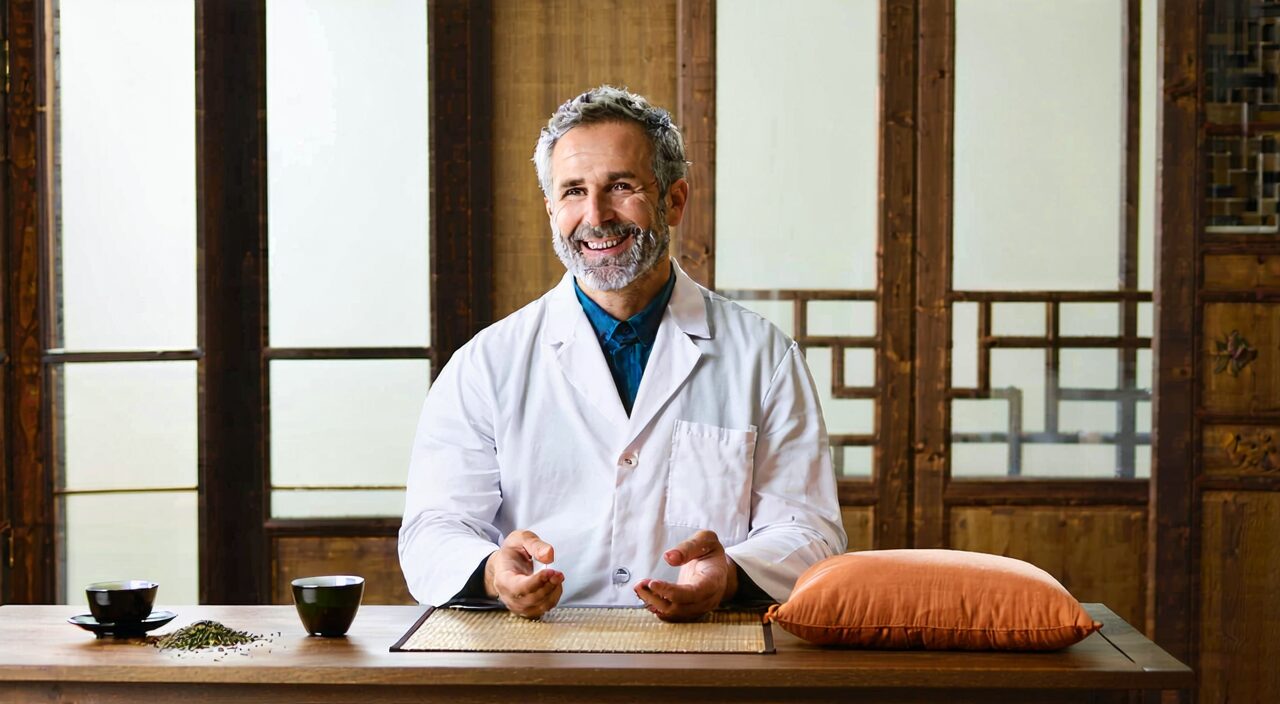 A quiet TCM clinic room where a practitioner communicates with a patient, with a pulse pillow on the table, conveying the need for caution and professional guidance.