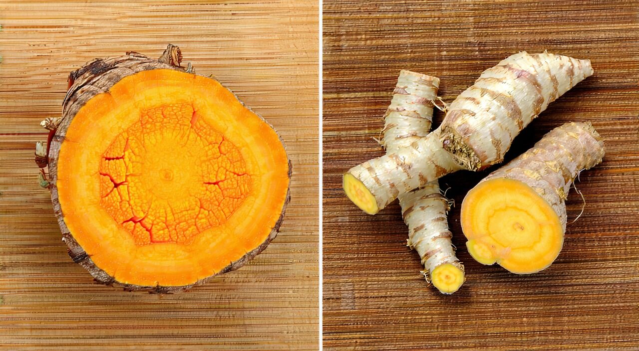 Comparison of turmeric and Curcuma Radix (Yujin) medicinal pieces; the turmeric cut surface on the left is orange-yellow, while Yujin on the right is darker in color