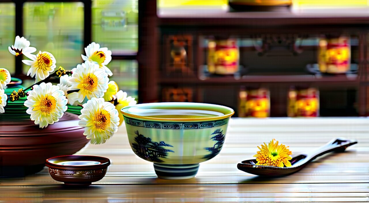 A serene scene with chrysanthemum tea and dried chrysanthemums