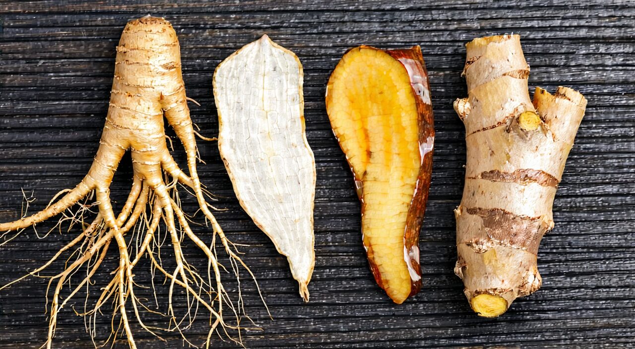 The four herbs in Lizhong Tang: ginseng, dried ginger, white atractylodes rhizome, and honey-fried licorice